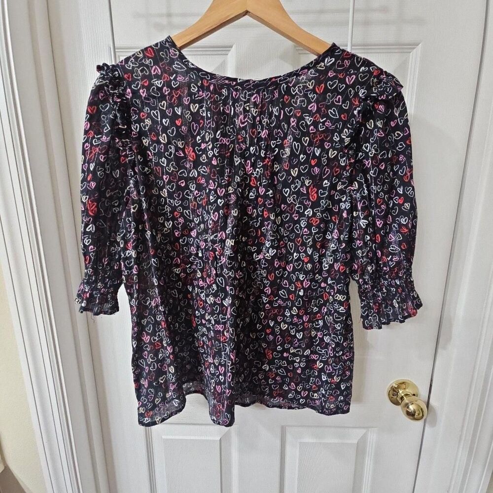 LOFT Shimmer Heart Print Puff Sleeve Smocked Cuff Blouse